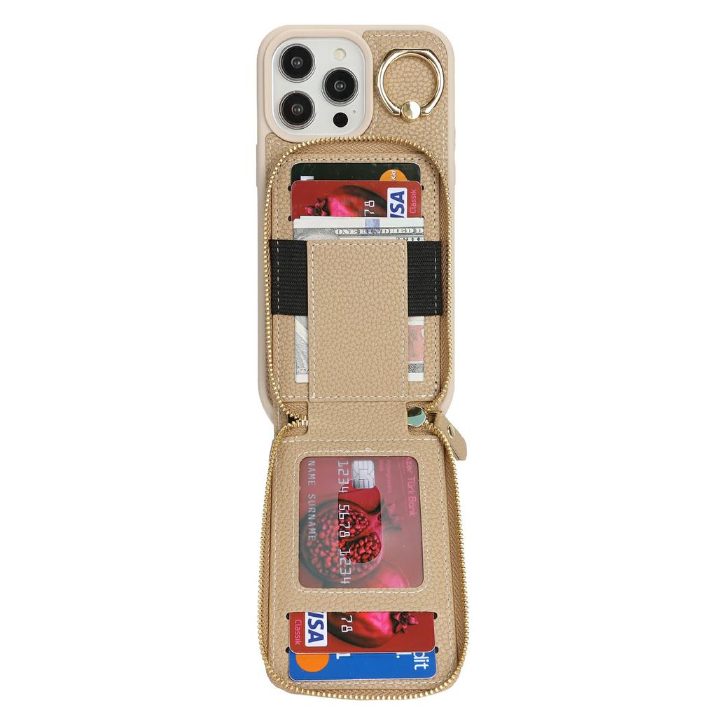 For iPhone 13 Pro Max/12 Pro Max Case with Zipper Pouch/Ring Kickstand/Strap Litchi Texture PU + TPU Phone Cover