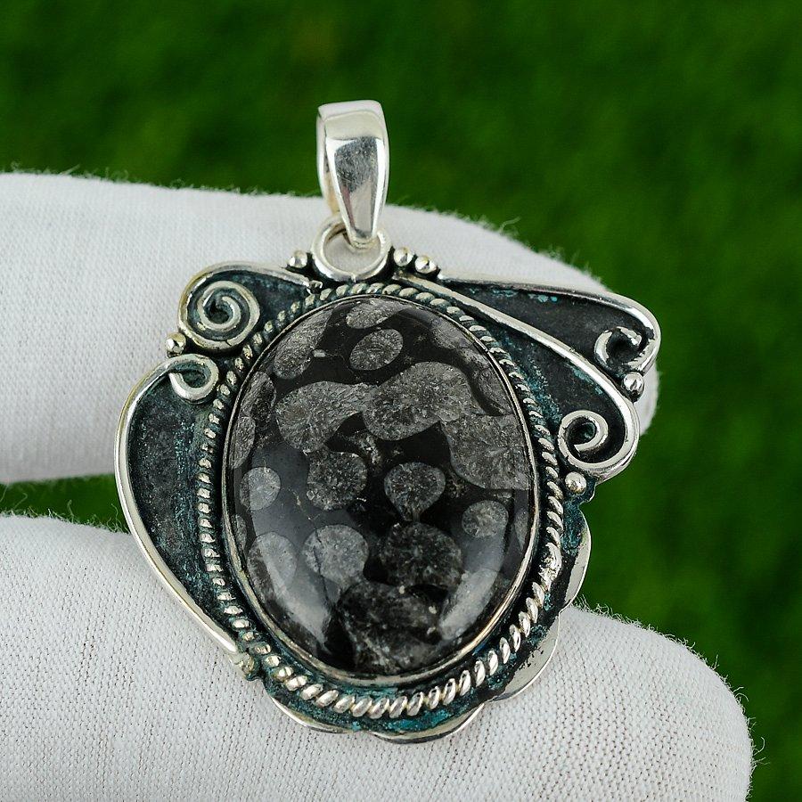 Natural Black Fossil Coral Gemstone Pendant 925 Sterling Silver For Girls