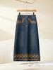25 Spring/Autumn Women's High-Waist Denim Skirt with Colorful Embroidered Edge and Slit