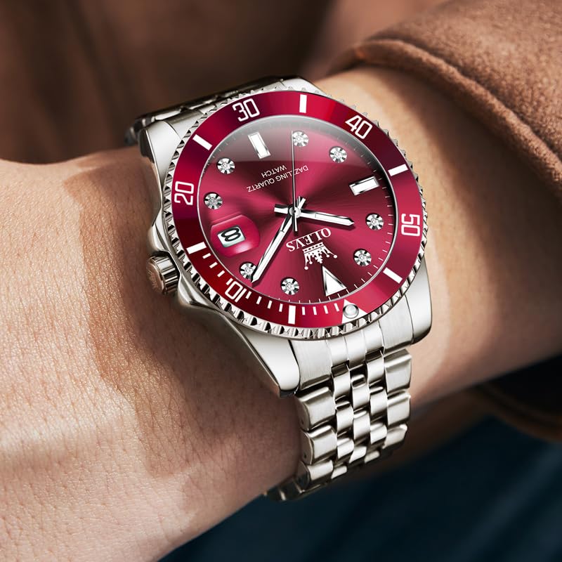 OLEVS Men's Quartz Watch, Business Style, Stylish, Waterproof, Diamond-Inspired, Metal Band, Date Display, Luminous, Gift, Red