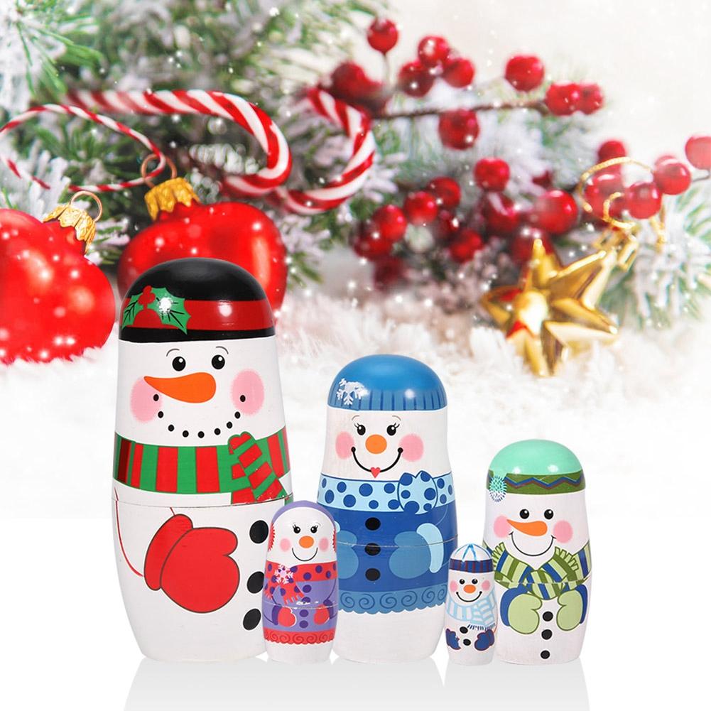 5pcs Christmas Handpainted Cute Wooden Matryoshka Dolls Russian Nesting Dolls Set Home Decoration(Small   )