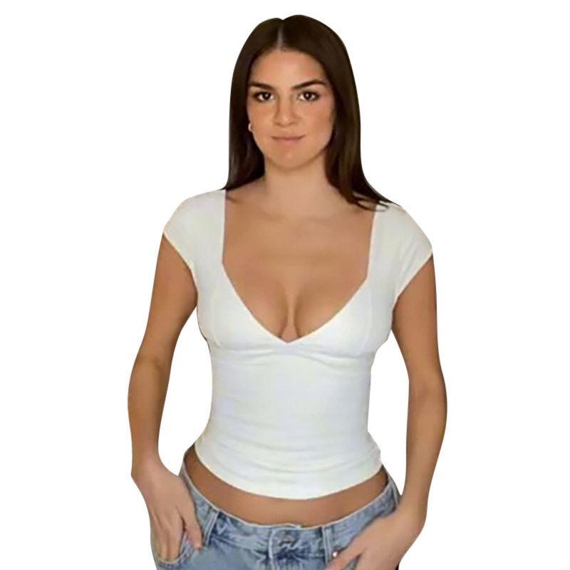 

X22Tp607 European and American Fashion Ins Autumn New Fashion U-Neck Long-Sleeved Sexy Backless Casual Slim-Fit T-Shirt for Women Short Sleeve White X22Tp562 M
