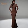 Women Evening Dress Long Sleeves Skinny Solid Color Sheath Hollow Back Floor Length Stretchy Half-high Collar Prom Party Maxi Dress