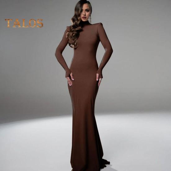 Women Evening Dress Long Sleeves Skinny Solid Color Sheath Hollow Back Floor Length Stretchy Half-high Collar Prom Party Maxi Dress