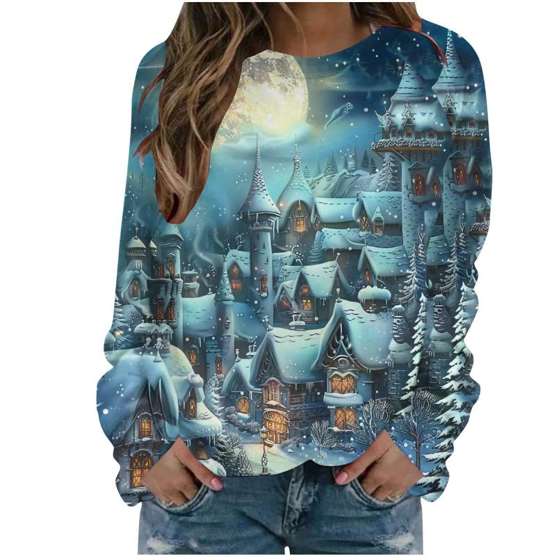 3D Print Christmas Pattern Sweatshirt Women's Long Sleeve Round Neck Hoodie Fashion Casual Santa Claus Pullover Women's Tops