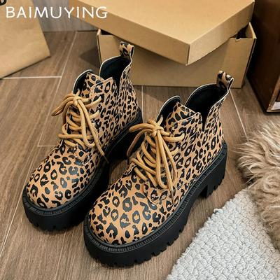 Dámské kotníkové boty na platformě s leopardím vzorem, robustní šněrovací, módní, vysoké podpatky, trendová zimní designérská lodička, motorkářské boty