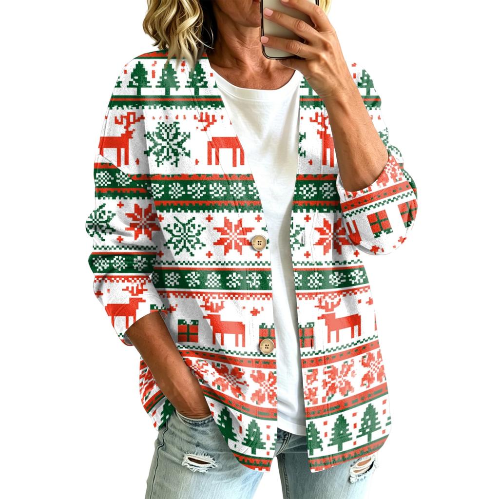 Women's Fashion Casual Button Front Christmas Print Coat