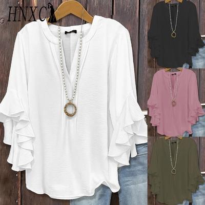 Damenmode, lässig, einfarbig, 3/4-Ärmel, V-Ausschnitt, Blusen und Hemden
