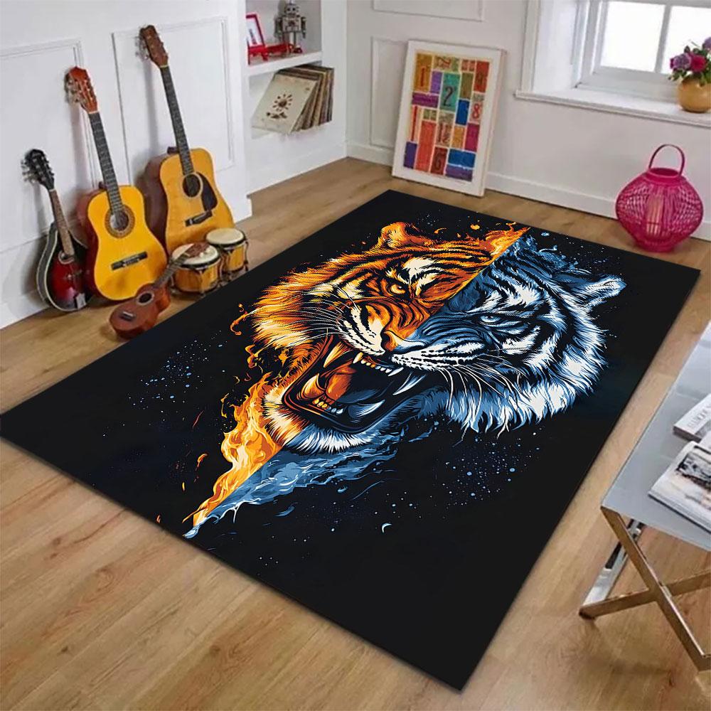 "Fiery and Icy Tiger Duality Art" Patterned carpet, suitable as a non slip play mat for the living room and bedroom sofa