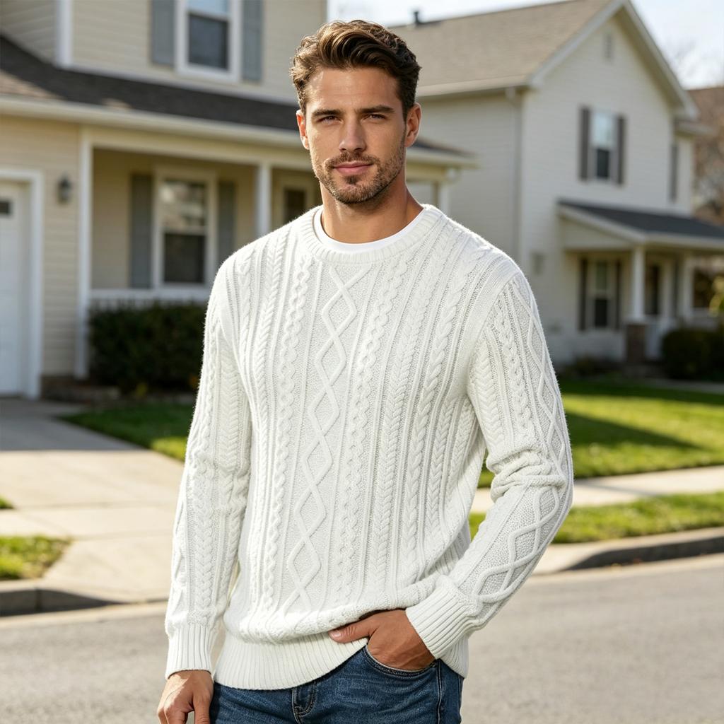Cable Knit Neck Pullover Sweater in Retro, Color Casual
