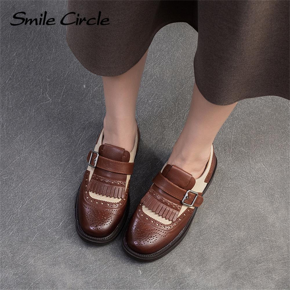 Genuine Leather Women Shoes Buckle Round Toe Flat Shoes Fashion Comfortable Casual Shoes