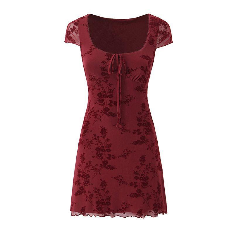 

Motelrocks Show Figure French style Pure Desire Gyaru Retro Flocking Print Lace-up Sexy Slim dress Shoelace flocking wine red L