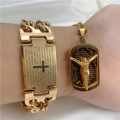 Bracciale da uomo in acciaio inossidabile color oro con catena cubana e croce di Gesù, gioiello di alta qualità, regalo di compleanno maschile