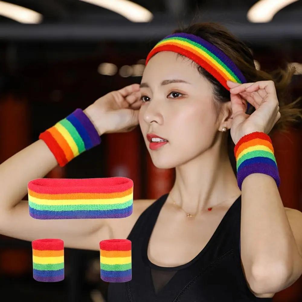 Frauen Männer Buntes Regenbogen Stirnband Handgelenkwickel Sportzubehör Yoga Laufen Breit Elastisch Weich Stirnband Lässige Kopfbedeckung