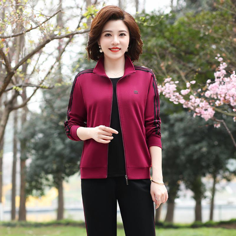 Women's Spring/Fall Casual Sportswear Set: Loose Fit Long-Sleeve Jacket & Sweatshirt, Plus Size, 2-Piece for Middle-Aged & Elderly