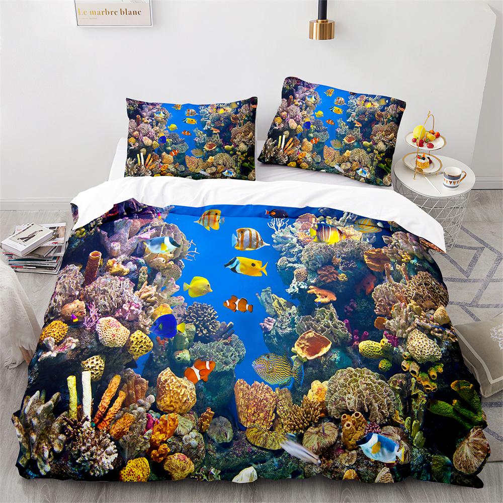 Underwater World Duvet Cover King Queen Blue Ocean Shark Bedding Set For Kids Sea Animal Coral Fish 2/3pcs Polyester Quilt Cover