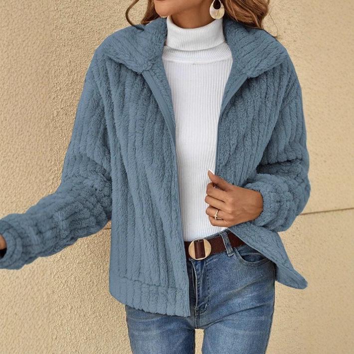 Women's Plush Lapel Short Cardigan Jacket - Autumn/Winter 2023