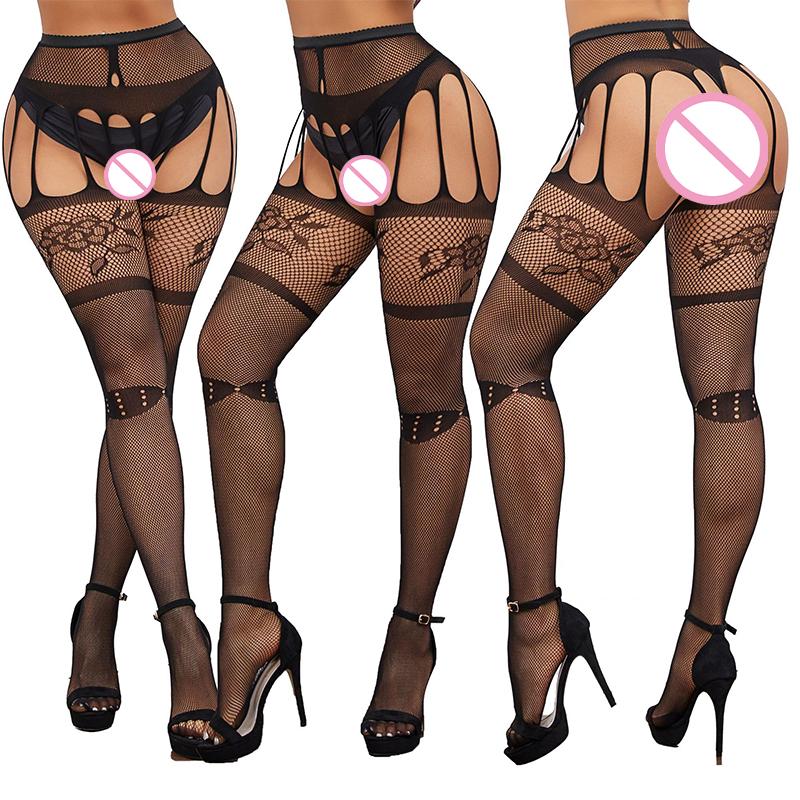 Women Erotic Lingerie Rhinestone Stockings With Belt Set High Fishnet Hosiery Sexy Crotchless Pantyhose Black Mesh Long Stocking