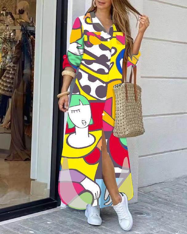 Fashion Long Sleeve Print Women Loose Fit Casual Maxi Dress