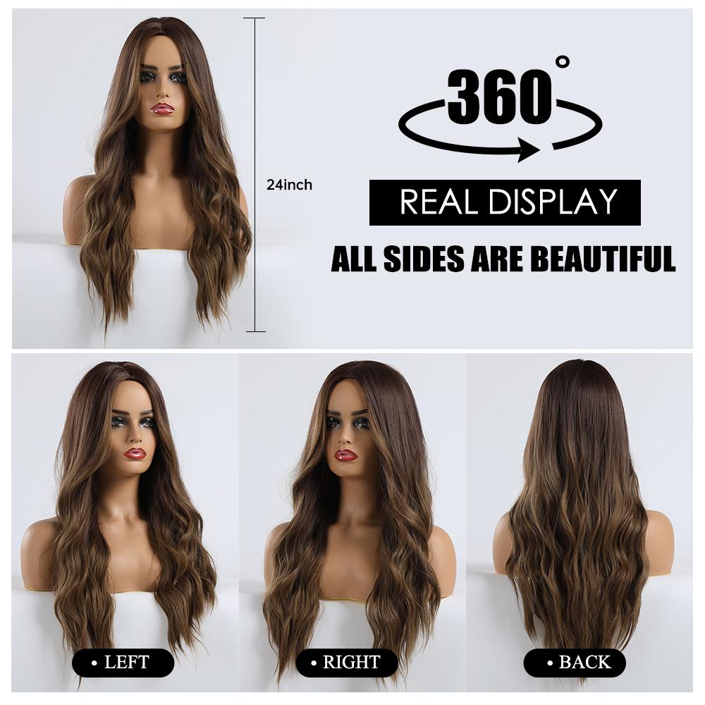 Long Brown Ombre Synthetic HairTypeWigs for Women Hair Wavy Middle Part Female Cosplay Party Daily UseHeat Resistant
