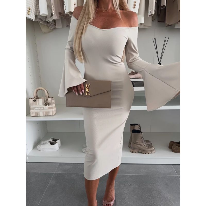 Sexy French style off-Shoulder Spring and Autumn Solid off-Shoulder Collar Slim fit Sheath Bell Sleeve Dress Women