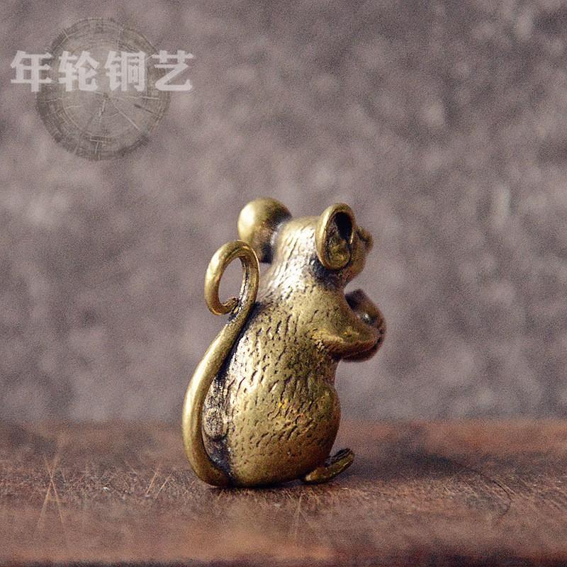 Solid Brass Rat Holding Peach Keychain Animal Zodiac Charm Decorative Key Ring Bag Car Home