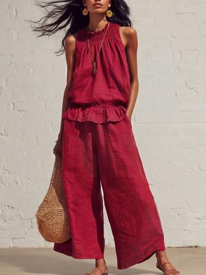 Women's Spring/Summer New Bohemian Ruffled Cotton Linen Set