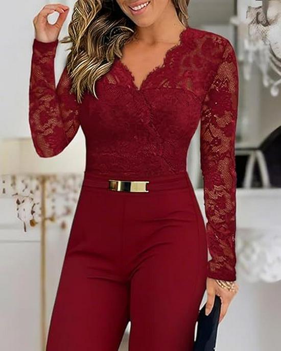 Women's Lace Patchwork Long Sleeve Jumpsuit with Belt and Wide-Leg Pants