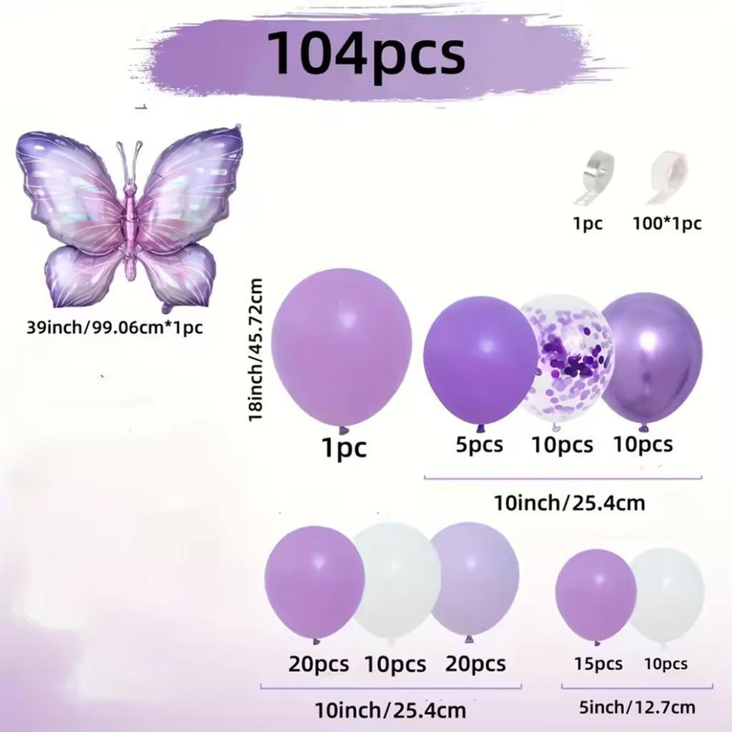 102 pieces of purple butterfly balloon set suitable for birthday party, wedding decoration, graduation decoration, summer outdoo