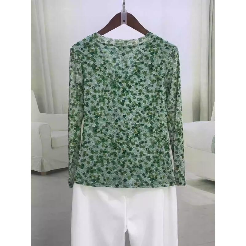 Printed V-neck Noble Long-sleeved Fashionable Mesh New Fashion Bottoming Slimming Top