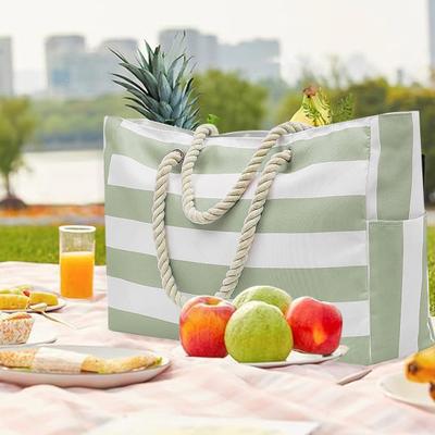 Beach Bag with Side Pocket Thick Braided Rope Internal Waterproof Pocket Sandproof Zipper Closure Large Capacity Travel Tote Bag