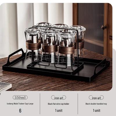 Handon 6-Piece Iceberg Waist Glass Cup Set with Black Iron Rack