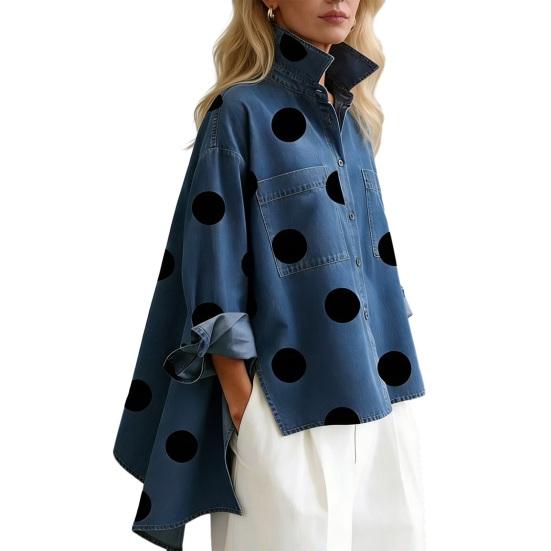 

Polka Dot Denim Shirt for Women Loose Fit Button-Down Top with Chest Pockets Casual Oversize Outerwear Spring Summer Fashionable Trendy Shirt S синий