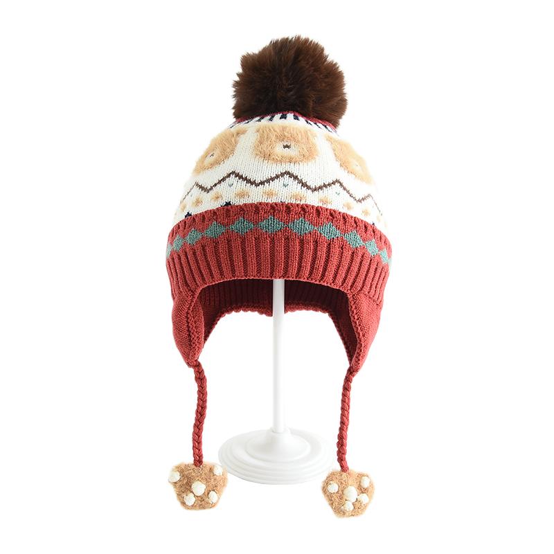 Children's Winter Thick Double-layer Ear Protection Knitted Hat, Outdoor Warm Wool Ball Needle and Thread Hat, Plush Teddy Bear Ear Protection Hat
