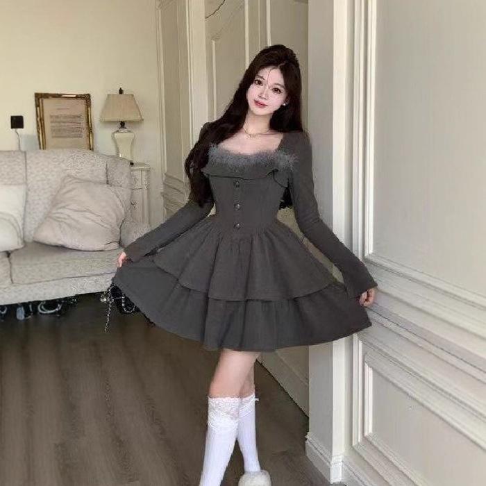 

Heavy double-sided German velvet autumn and winter new sweet Spice Girl temperament waist dress, thin and meat-covering puffy short skirt XL темно-сірий