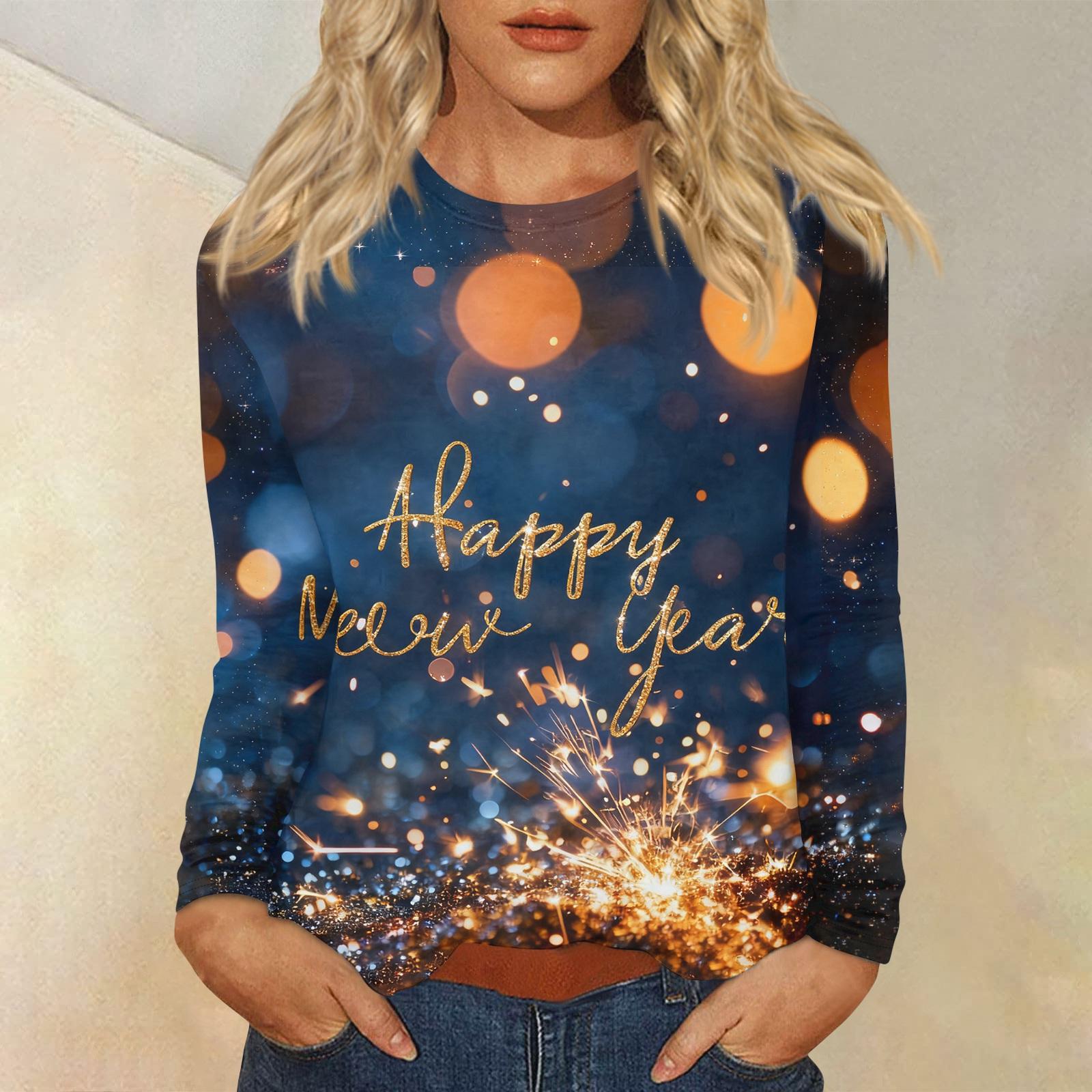 Women s Loose Comfortable Casual Fashion Round Neck New Year Printed Long Sleeve Top L синий