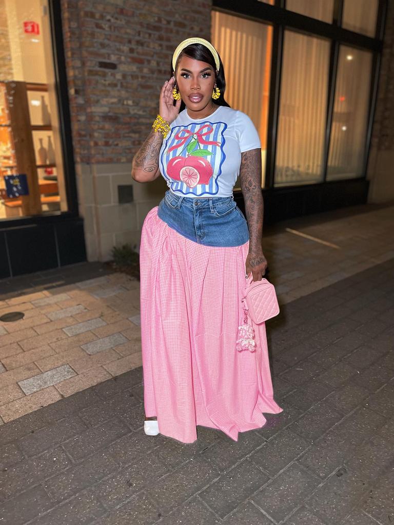 European & American Women's Sexy Fashion T-shirt and Denim Patchwork High-Waist Split Plaid Skirt Set