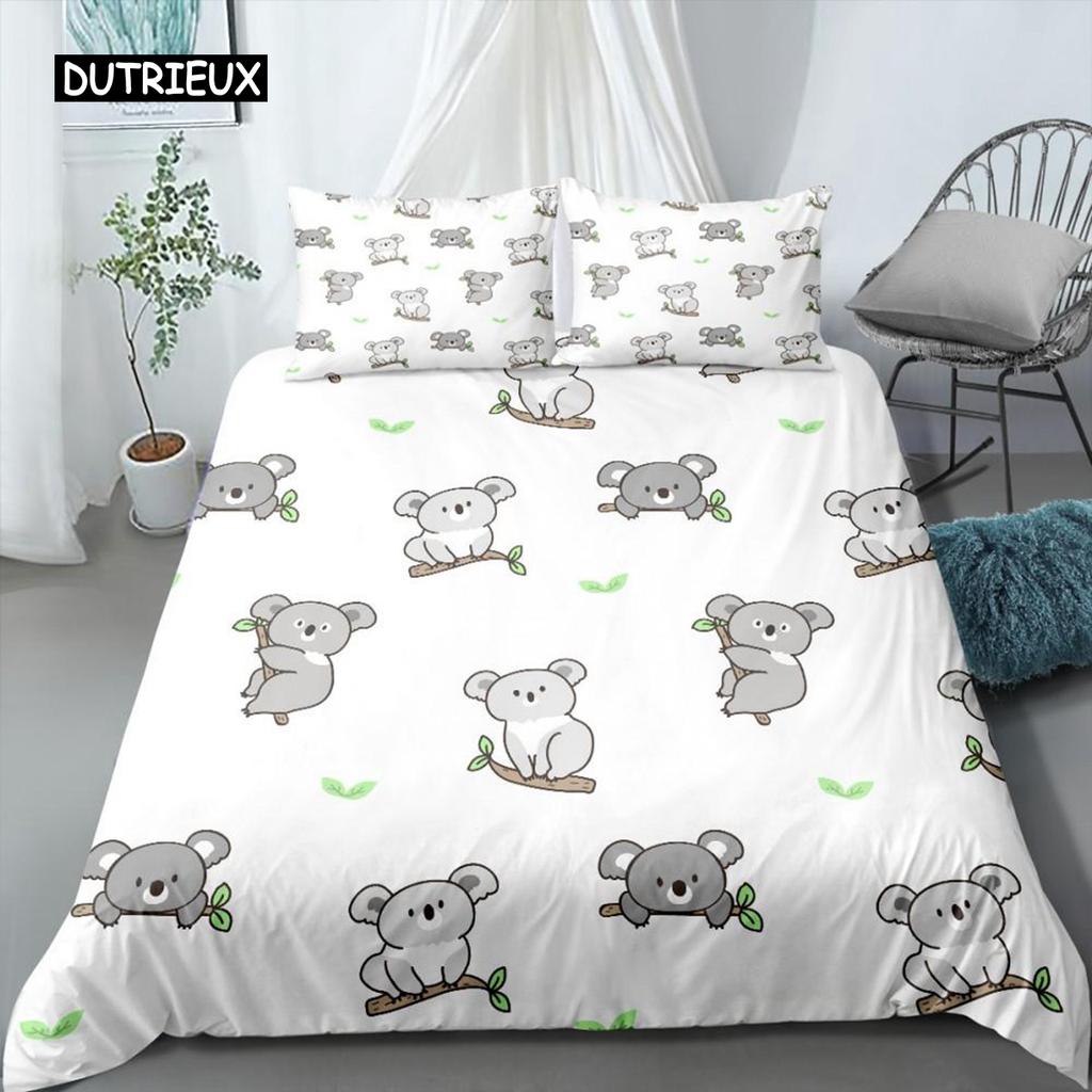 3D Koala Duvet Cover Set Microfiber Cartoon Leaves Baby Bear Australian Wildlife Themed  Bedding Set Queen Size Comforter Cover