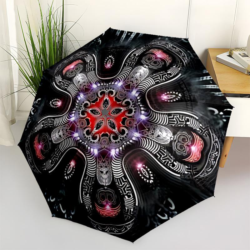 1pc Abstract Mandala Art Automatic Umbrella - Stylish, Durable, with 8-Rib Manual Open Design, Elegant Black Handleyy250920186