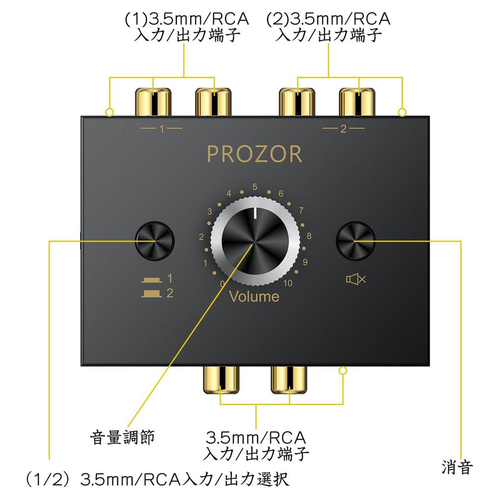 PROZOR RCA Audio 2 Bidirectional Simultaneous No Power Supply Metal Japanese Instruction Manual Included & 3.5mm Switcher, Inputs/1 Output, Switching,