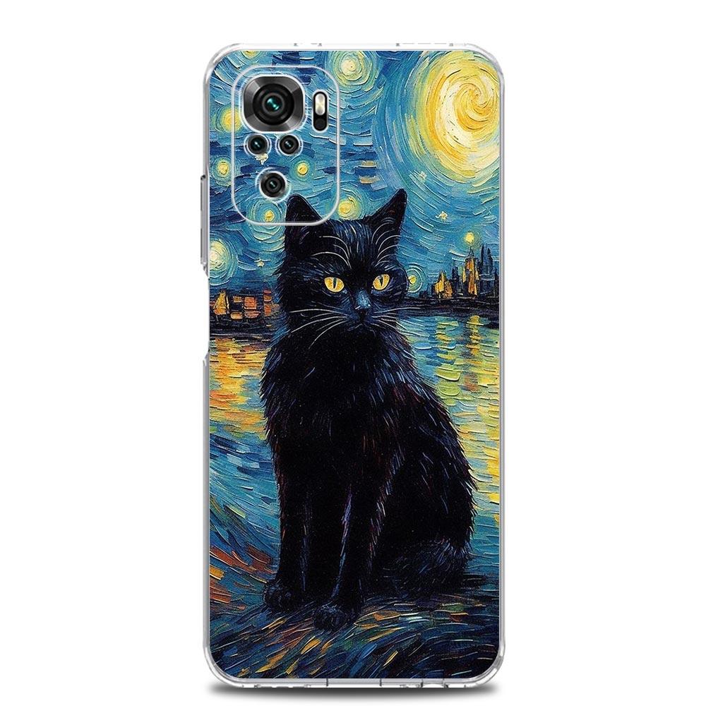 Phone Case For Xiaomi Redmi Note 15 14 13 12 4G 10 11 Pro Plus 5G 14C 13C 12C 10C Clear TPU Cover Cat Van Gogh Starry Sky