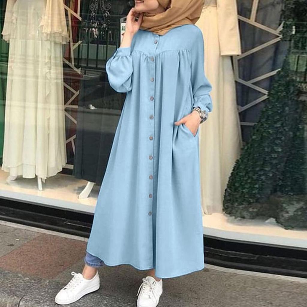 Muslims Clothes Solid Color Buckle Front Casual Loose Pocket Women's Long-sleeved Shirt Long Dress Musulman Dubai Muslim Kaftan Dresses Oversize