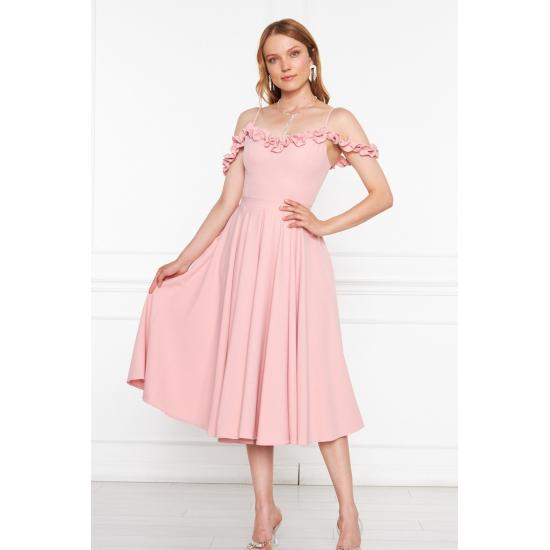 Women's Adjustable Strap Ruffle Detailed Collar Pleated Flared Midi Evening Dress