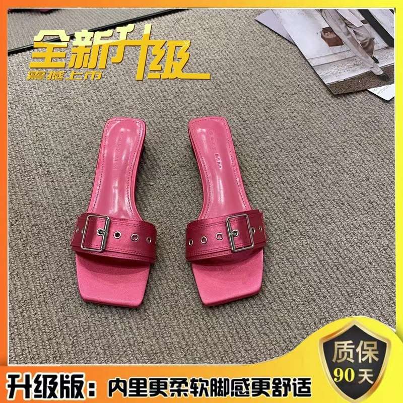Korean Version of Square Head One-word Drag Rose Red Square Buckle Thin Belt Buckle Square Heel Temperament Low Heel Cool Slippers Women's Summer