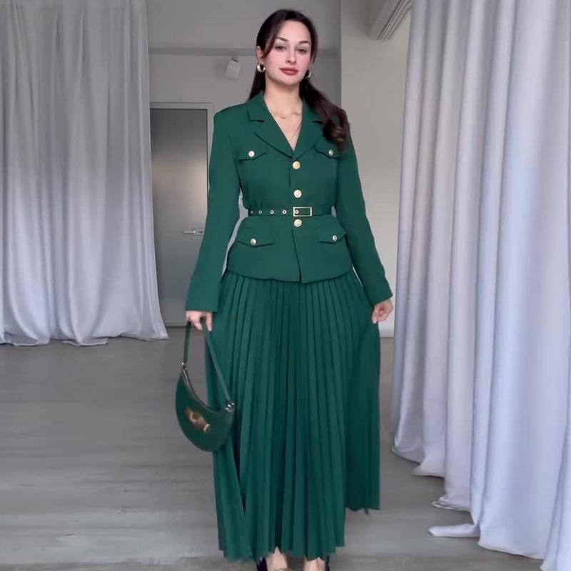 2024 Autumn European & American Solid Color Lapel Suit with Pleated Midi Skirt