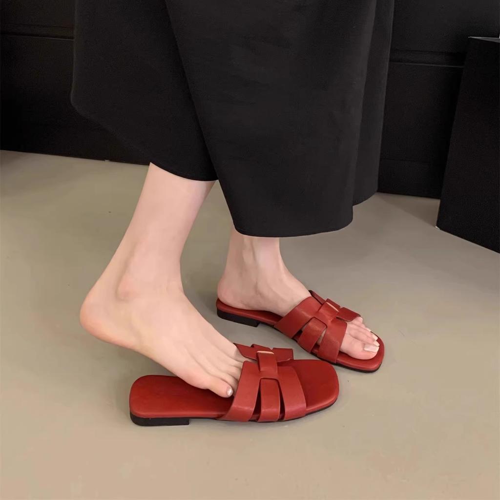 H slippers women's outer wear summer new casual soft flat-bottomed French sandals one-word drag seaside vacation beach sandals