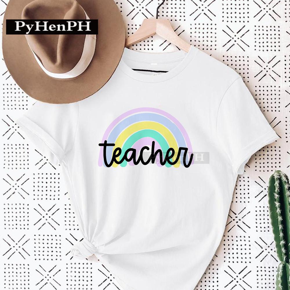 Womens Fashion Rainbow Teacher Graphic TShirt Loose Fit Casual round Neck Aesthetic Top Ins Style Modal fabric