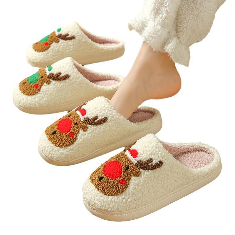 2024 Women's Cute Christmas Elk Plush Cotton Slippers - Cozy Winter Warm Home Shoes for Couples
