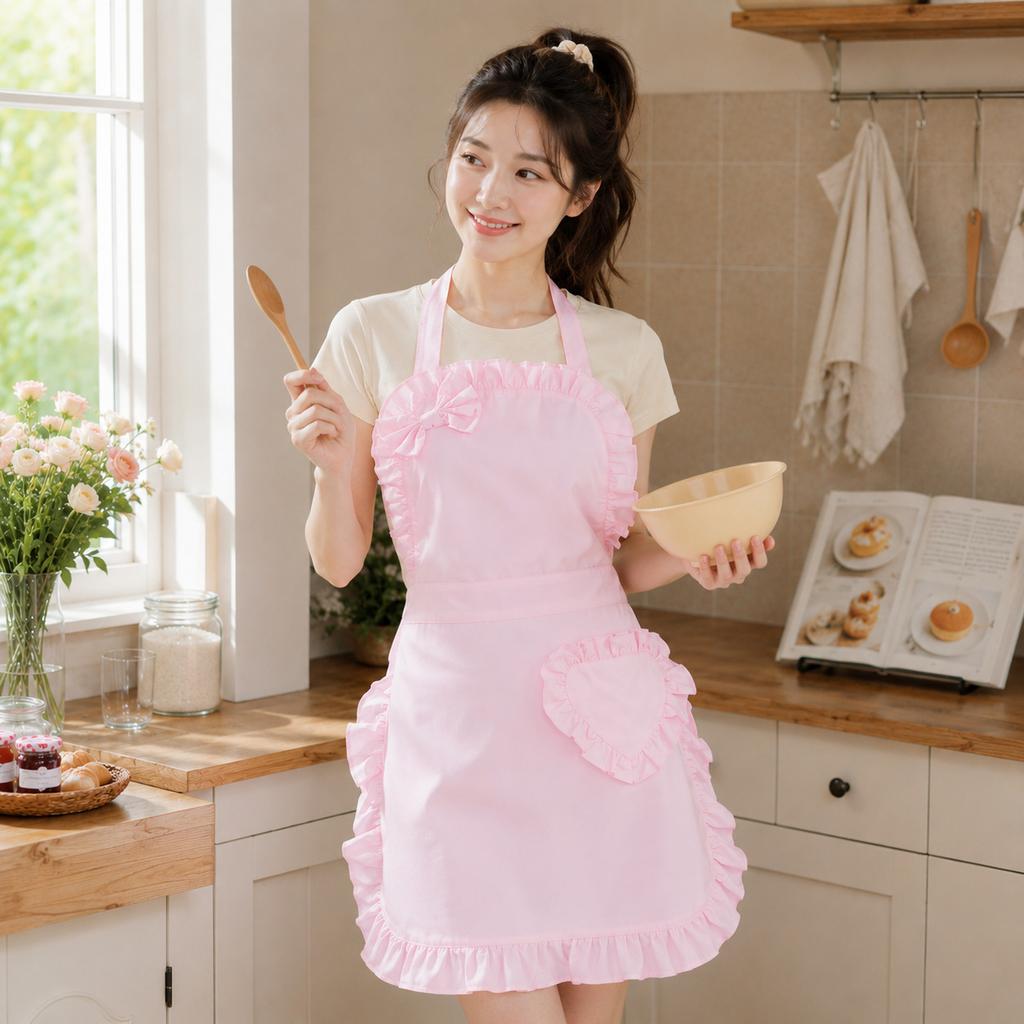 Long Pink Heart Apron, Ruffled Design with Pockets, Cute And Vintage Women'S ApronMaid Dress