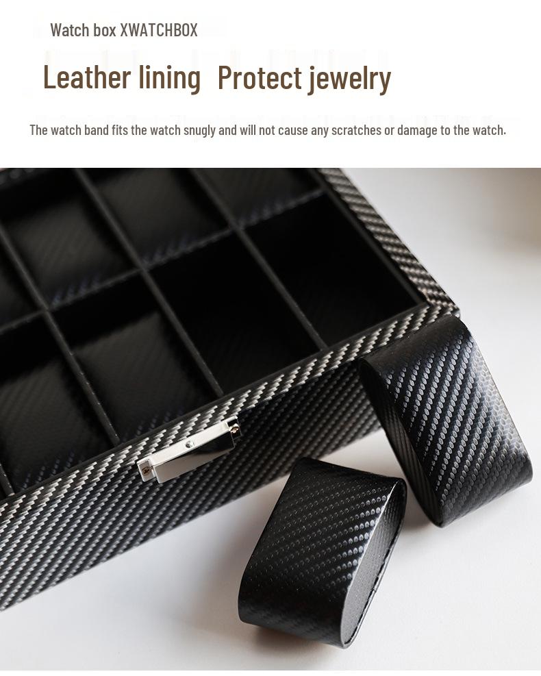 Large Capacity Carbon Fiber Watch Display Box with Transparent Skylight